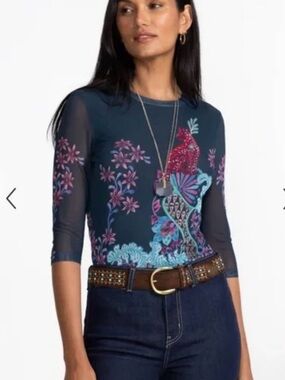 Johnny Was Natalie ,Floral Peacock Print Mesh Top